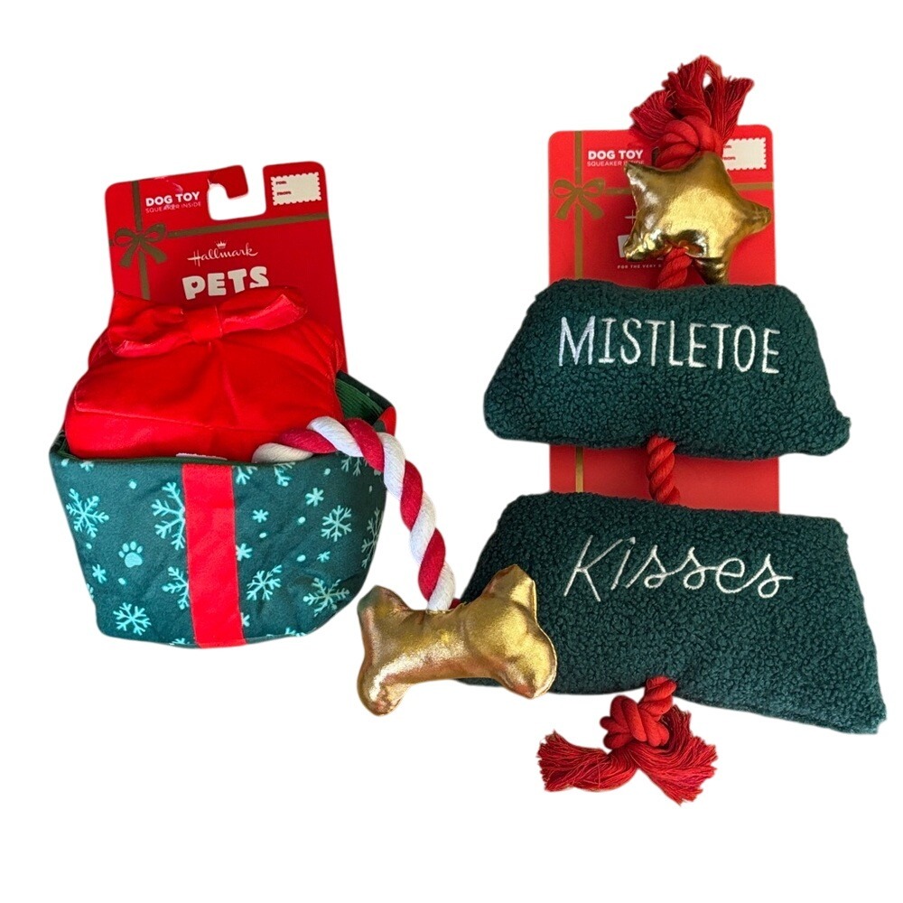 Hallmark Pets Holiday Dog Toy Set Rope Tree & Present w/ attached bone NEW